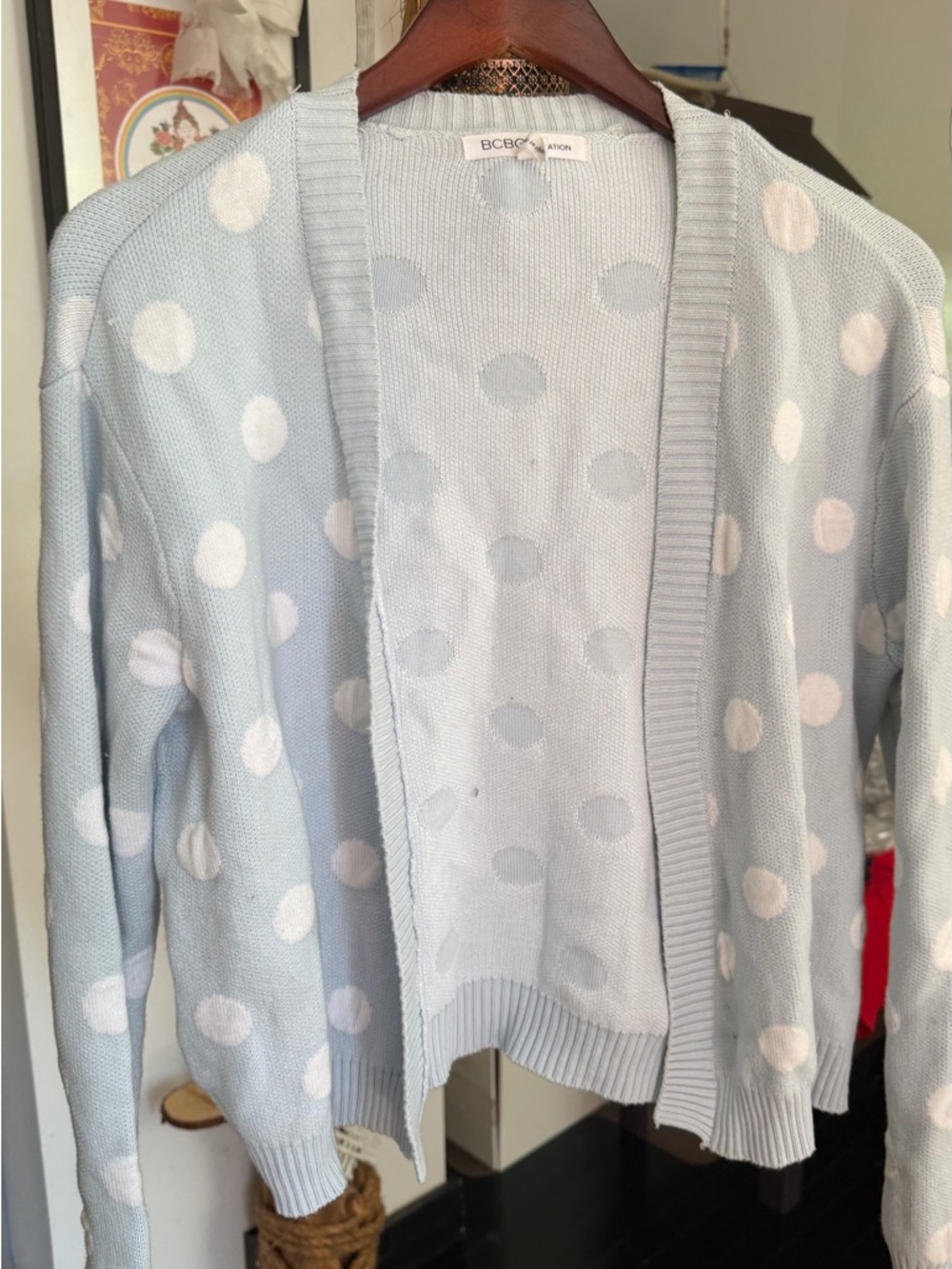 BCBGeneration Light Blue Open-Front Polka Dot Cardigan. Size S   Like new